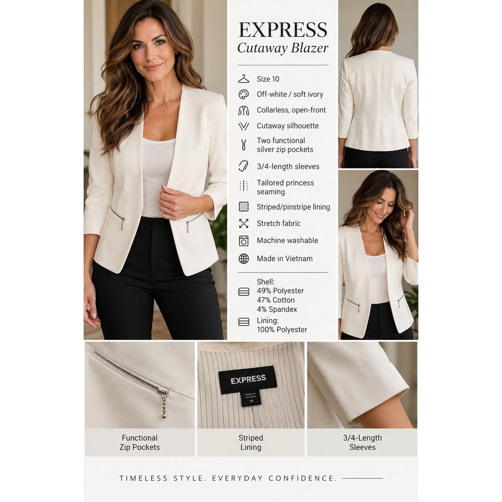 Express Zip Detail Cutaway Stretch Blazer Women's 10 Off White Collarless Career